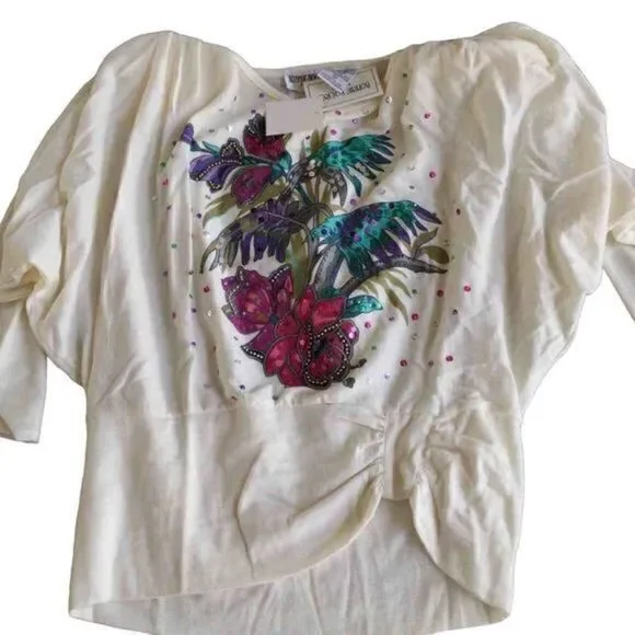 Bonnie Boerer Sequin Tropical Flower Dolman Sleeve Top Sz PS - Picture 9 of 14
